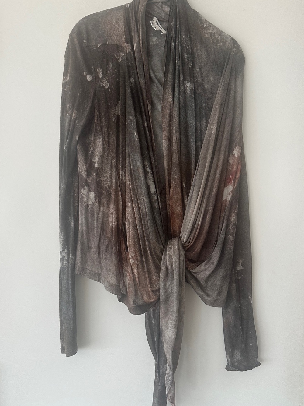 Helmut Lang smoky brown & gray draped tie-front top with pockets.
